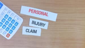 calculator and words "personal injury claim" on a table